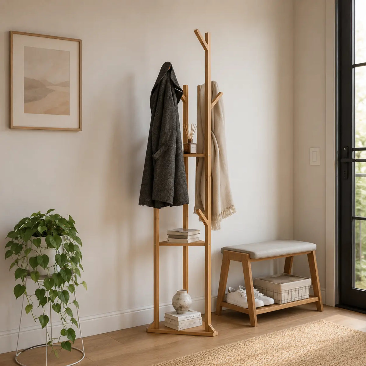 Porte-Manteau sur Pied avec Crochets et Étagères